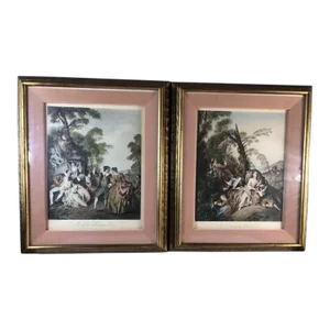 1950s Vintage Set Jean-Baptist Joseph Pater Lithos. Le Danse, L’escarpolette. Framed, Matted