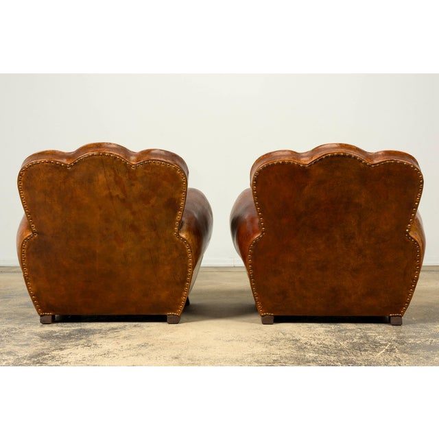 1930s French Art Deco Scalloped Back Cognac Leather Club Chairs, Pair For Sale - Image 18 of 18