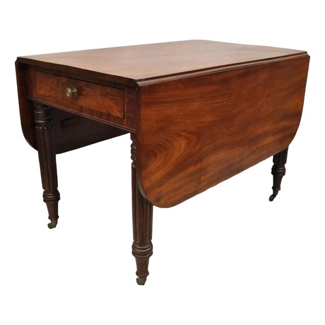 Antique Federal Sheraton Mahogany Drop Leaf Breakfast Dining Table W/ Drawer For Sale