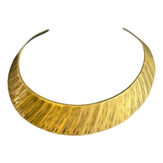 Vintage Solid Brass Collar Torque Necklace Choker Neck Cuff Boho Egyptian Revival Textured For Sale