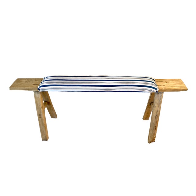 Rustic Em Long Bench W/French Ticking Upholstery For Sale - Image 4 of 10