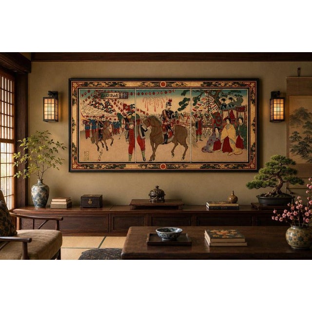 Emperor Meiji Silver Wedding Jubilee, Nobukazu Japanese Triptych, 1894 : An impressive original Japanese color woodblock...