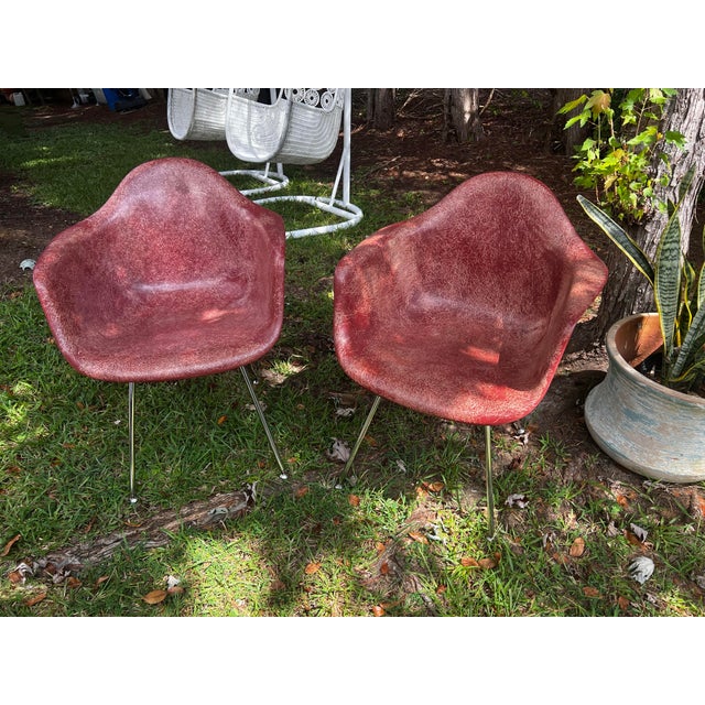 Pair of MCM Eames Style Maroon Fiberglass Chairs For Sale - Image 9 of 9