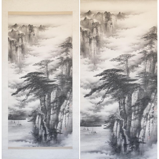 XL 1900-1940s Ink Landscape by Keihou, Japanese Scroll Painting For Sale - Image 4 of 15