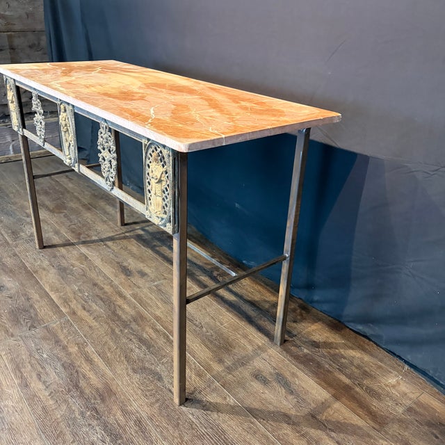 Metal Antique French Balcony Console Table With Marble Top & Gold Figural Wrought Iron For Sale - Image 7 of 10