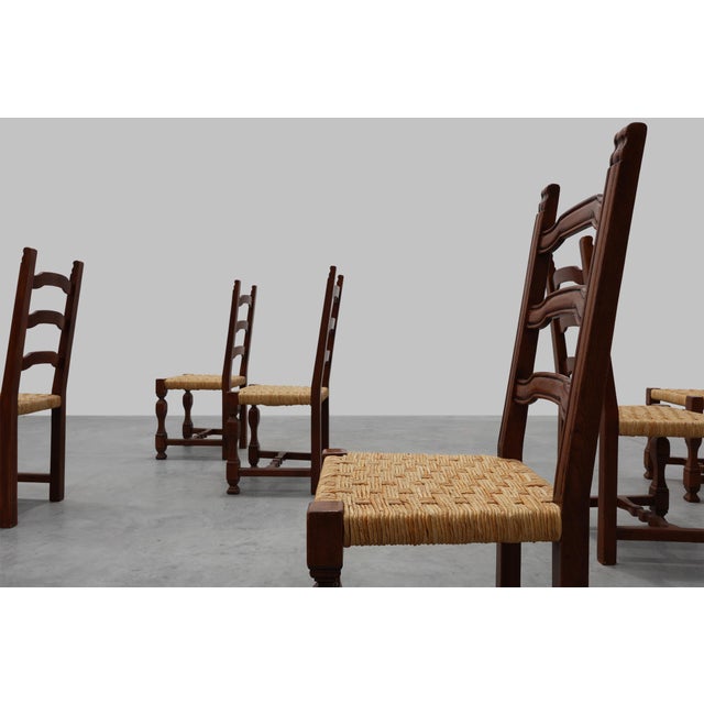 Mid-Century Brutalist Chairs in Wood and Wicker, Belgium, 1970s, Set of 8 For Sale - Image 6 of 17