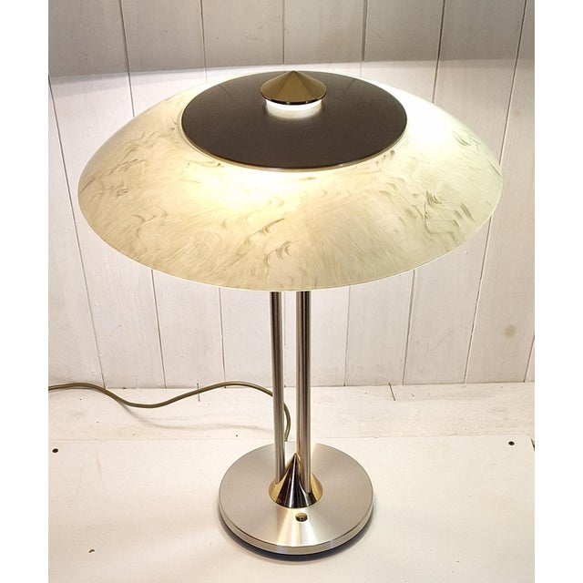 Vintage Table Lamp in Bicolor Metal, Brass and Stainless Steel with White Marbled Glass Shade from Hustadt-Leuchten, 1980s For Sale - Image 3 of 8