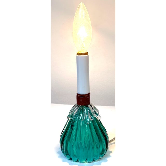 Black Mid 20th Century Archimede Seguso Murano Ribbed Emerald Green Glass Lamp Applied Crystal Collar For Sale - Image 8 of 16