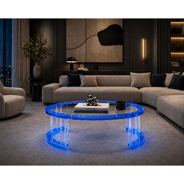 Modern Transparent Blue Acrylic Oval Coffee Table With Clear Base For Sale - Image 3 of 4