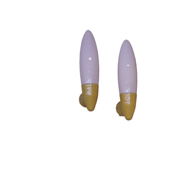 Glass Large Yellow Porcelain and Glass Bathroom Lamps by Gunnar Nylund for Ifö, Set of 2 For Sale - Image 7 of 12