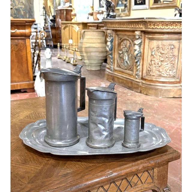Late 18th Century 18th Century French Normandy Pewter Litre Measures, Set of 3 With Tray For Sale - Image 5 of 13