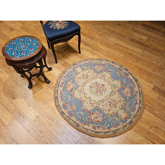 Beige Vintage Round Needlepoint Area Rug, Handwoven Wool, Floral Pattern, Blue & Ivory, 4x4 For Sale - Image 8 of 9