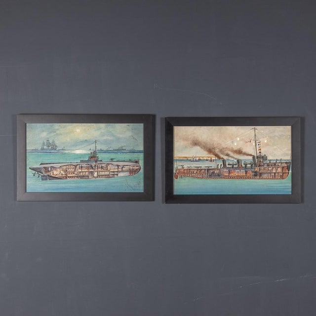 A pair of original gouache paintings by charles john de lacy, illustrating the interior of two different warships. These...