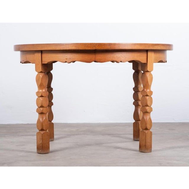 Brutalist Round Oak Dining Table with Three Extension Leaves, Denmark, 1960s For Sale - Image 4 of 11