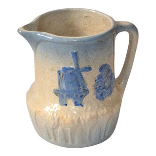 Early 20th Century Dutch Windmill Tulip Motiv Blue Beige Stoneware Pitcher For Sale