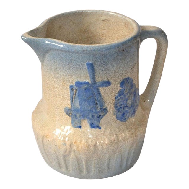 Early 20th Century Dutch Windmill Tulip Motiv Blue Beige Stoneware Pitcher For Sale