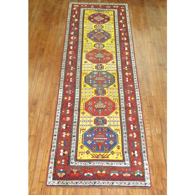 Sunny Yellow Handwoven Early 20th Century Antique Karabagh Caucasian Runner For Sale In New York - Image 6 of 18