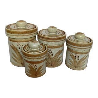 Mid Century Earthenware Hand Painted Pottery Lidded Canisters- Set of 4 For Sale