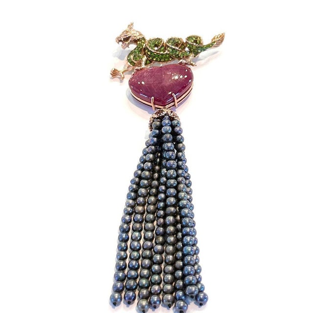 Bochic "Orient" Vintage Ruby & Black Pearl Brooch Set 18K Gold & Silver Circa 80 For Sale - Image 17 of 18