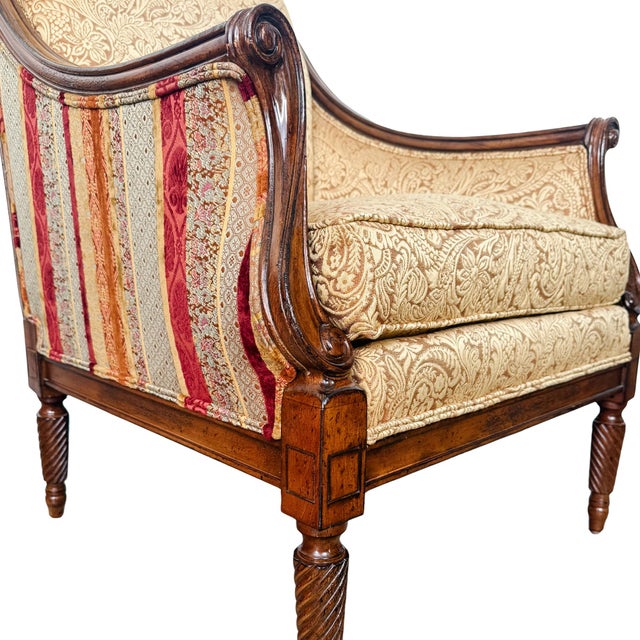 Drexel Heritage Neoclassical Bergère Chairs in Antique Cherry & Custom Upholstery - A Pair For Sale - Image 10 of 18