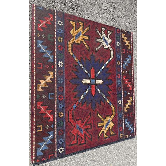 Acrylic on canvas by E.Vial. Signed on back and dated 1991. It resembles an antique Karabakh or Caucasian rug and features...