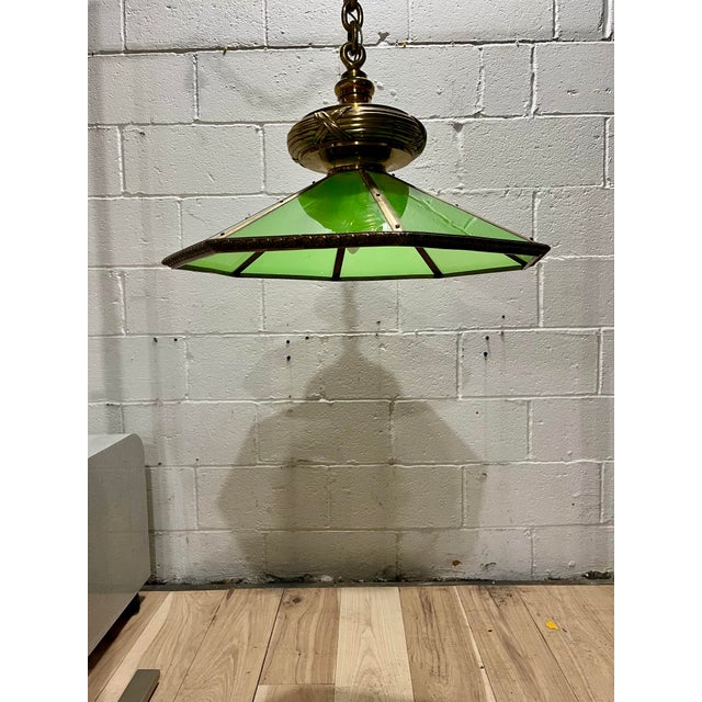 English Vintage Brass & Green Glass Octagonal Three-Light Pendant Chandelier For Sale - Image 3 of 12