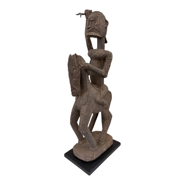 Lg Old African Dogon Hand Carved Wood Horseman Mali 31" H W/Stand For Sale