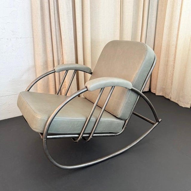 Howell Company 1930s Art Deco Steel and Leather Rocking Chair by Wolfgang Hoffman For Sale - Image 4 of 10