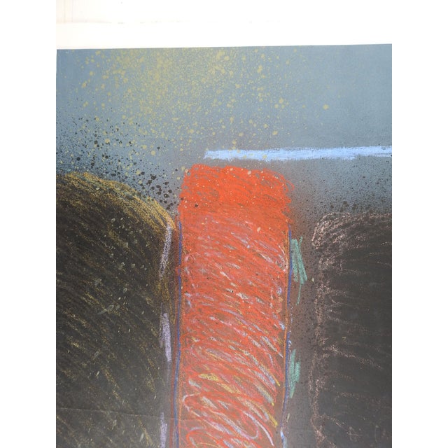 Late 20th century black and red geometric color block abstract with blue horizon line mixed media on heavy paper....