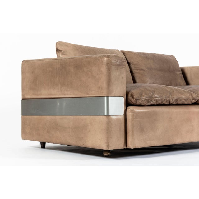 Mid Century German Distressed Brown Leather Sofa Style of Robert Haussmann For Sale - Image 12 of 14