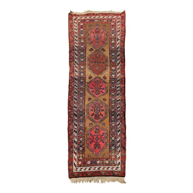 Antique Camel Hair Runnr With Coral Pinks, Watermelon, Rust Rug - 3.2 X 9.5 For Sale