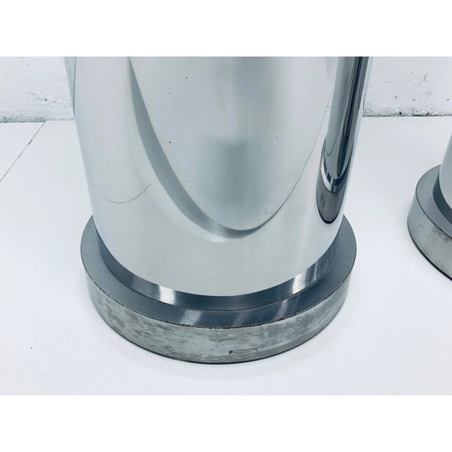 Polished Steel Tall Circular Pedestal Tables With Brushed Steel Banding - a Pair For Sale - Image 11 of 13