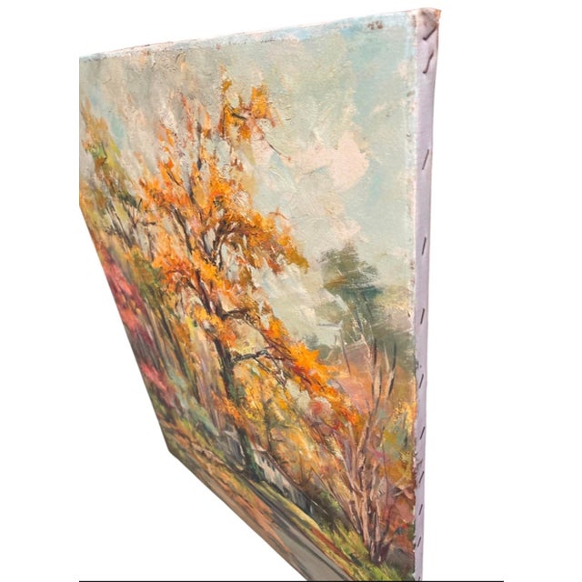 Wood 1960s Painting: Impressionist Autumn Landscape With Cottage For Sale - Image 7 of 12