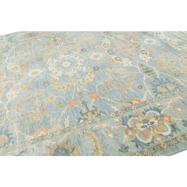 2010s Modern Sultanabad Square Wool Rug - Light Blue & Terracotta Hand-Knotted For Sale - Image 5 of 11