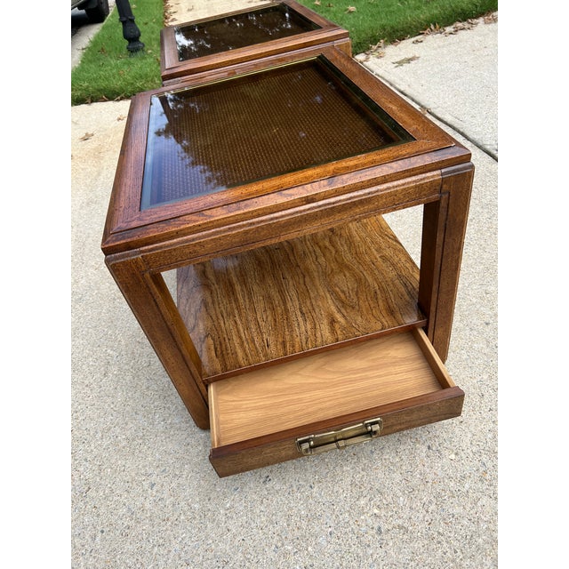 Wood 1990s Pair of Bassett Cane Glass Top End Tables For Sale - Image 7 of 9