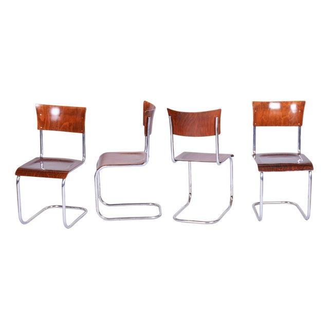 Bauhaus Chairs in Beech and Chrome-Plated Steel, Czech, 1930s, Set of 4 For Sale