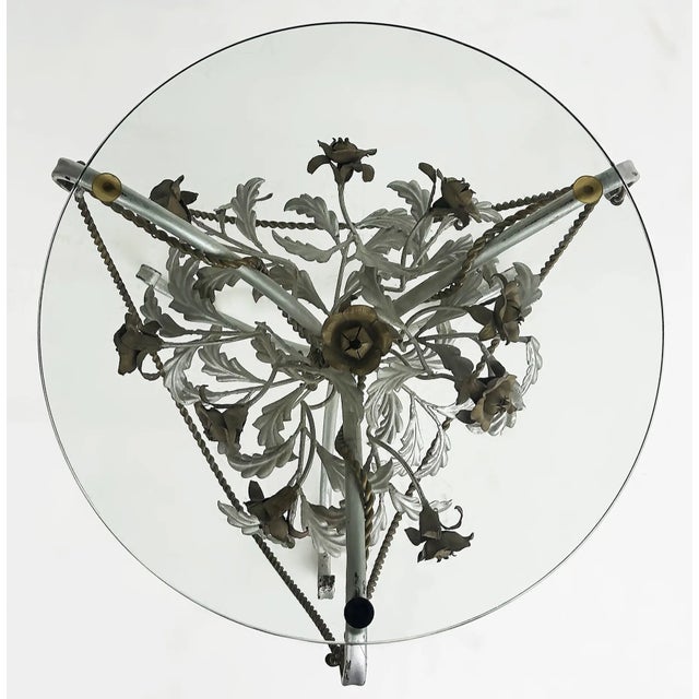 Italian Mid-century Mixed Metal Wrought Iron Side Tables, Glass Tops, Pair Offered for sale is a pair of Italian mixed...