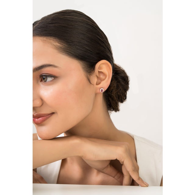 Ruby Red Vintage Ruby & Diamond Halo Cluster Stud Earrings in 14k Yellow Gold- 2 Pieces For Sale - Image 8 of 14