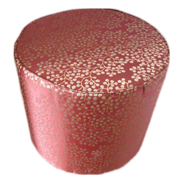 Moroccan Upholstered Red and Gold Fabric Pouf Low Stool Ottoman For Sale