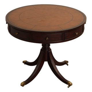 Ethan Allen Regency Style Round Leather Top Mahogany Rent Table For Sale