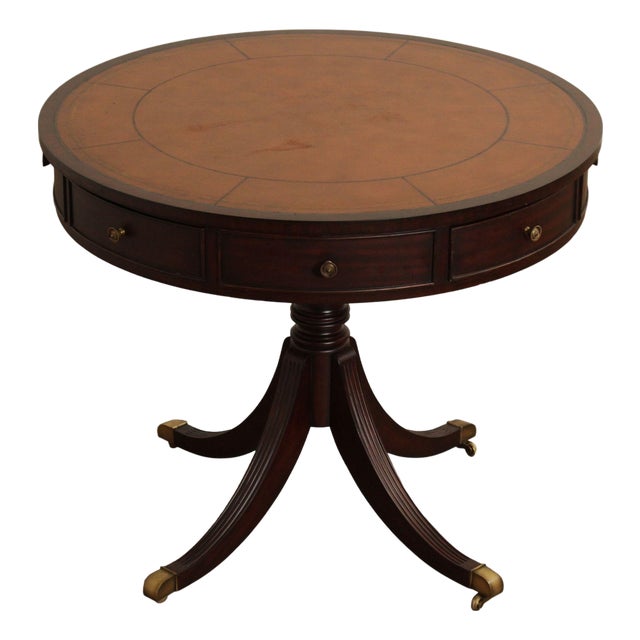 Ethan Allen Regency Style Round Leather Top Mahogany Rent Table For Sale
