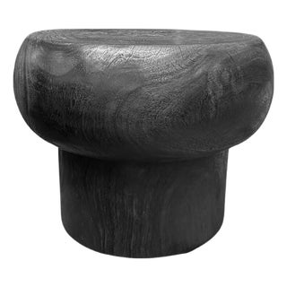 Sculptural Hand-Carved Round Solid Mango Wood Side Table, Modern Organic, Burnt For Sale
