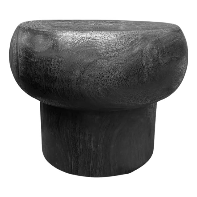 Sculptural Hand-Carved Round Solid Mango Wood Side Table, Modern Organic, Burnt For Sale