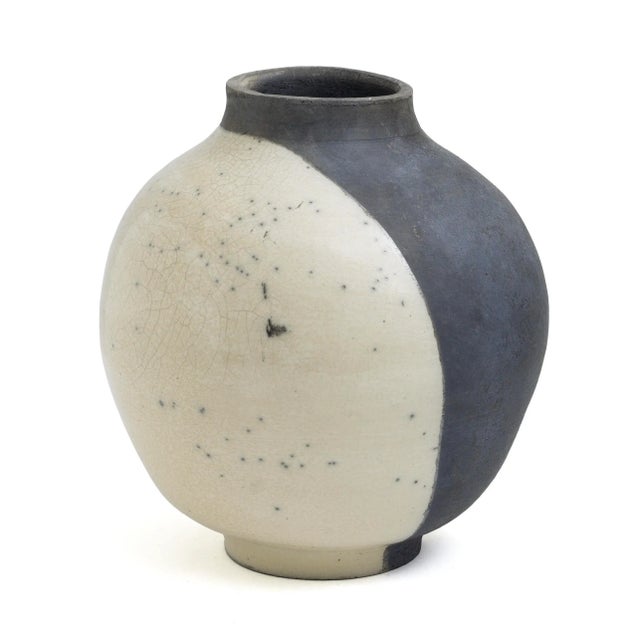 Beige Japanese Modern Minimalist White & Black Raku Ceramic Vase For Sale - Image 8 of 8