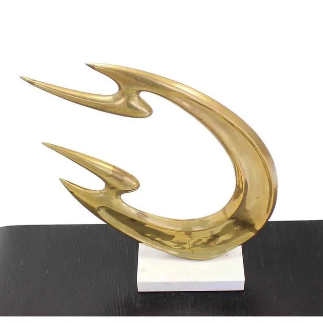 Brass Vintage Mid-Century Modern Abstract Brass Sculpture and White Marble Flying Fire For Sale - Image 8 of 10
