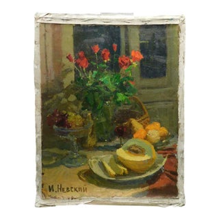 2003 "Roses and Fruits" Igor Nevsky Original Still Life Oil Painting on Canvas For Sale