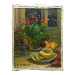2003 "Roses and Fruits" Igor Nevsky Original Still Life Oil Painting on Canvas