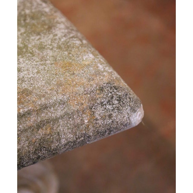 Early 20th Century Pair of Early 20th Century French Weathered Curved Cast Stone Garden Benches For Sale - Image 5 of 9
