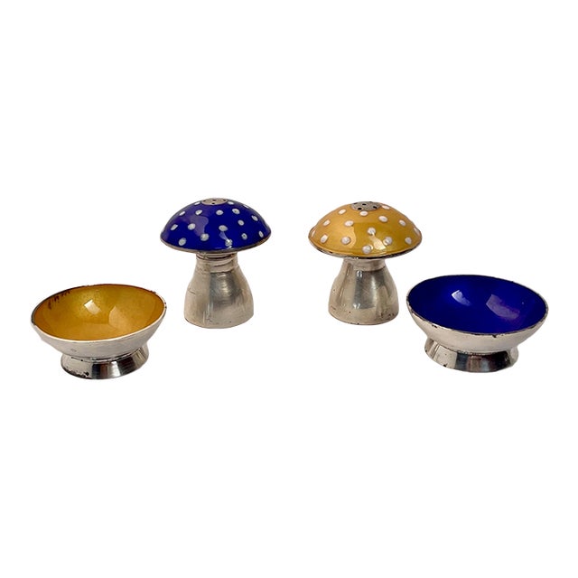 1960s Sterling Silver and Polka-Dot Enamel Mushroom Shaped Shakers and Salt Cellars - Set of Four For Sale