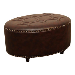 Oval Brown Leather Ottoman For Sale
